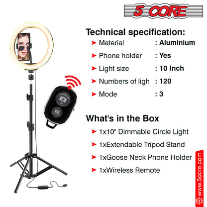 5 Core 10" Selfie Ring Light Stand • with 43" Adjustable Tripod Stand & Phone Holder • 3 Color Mode