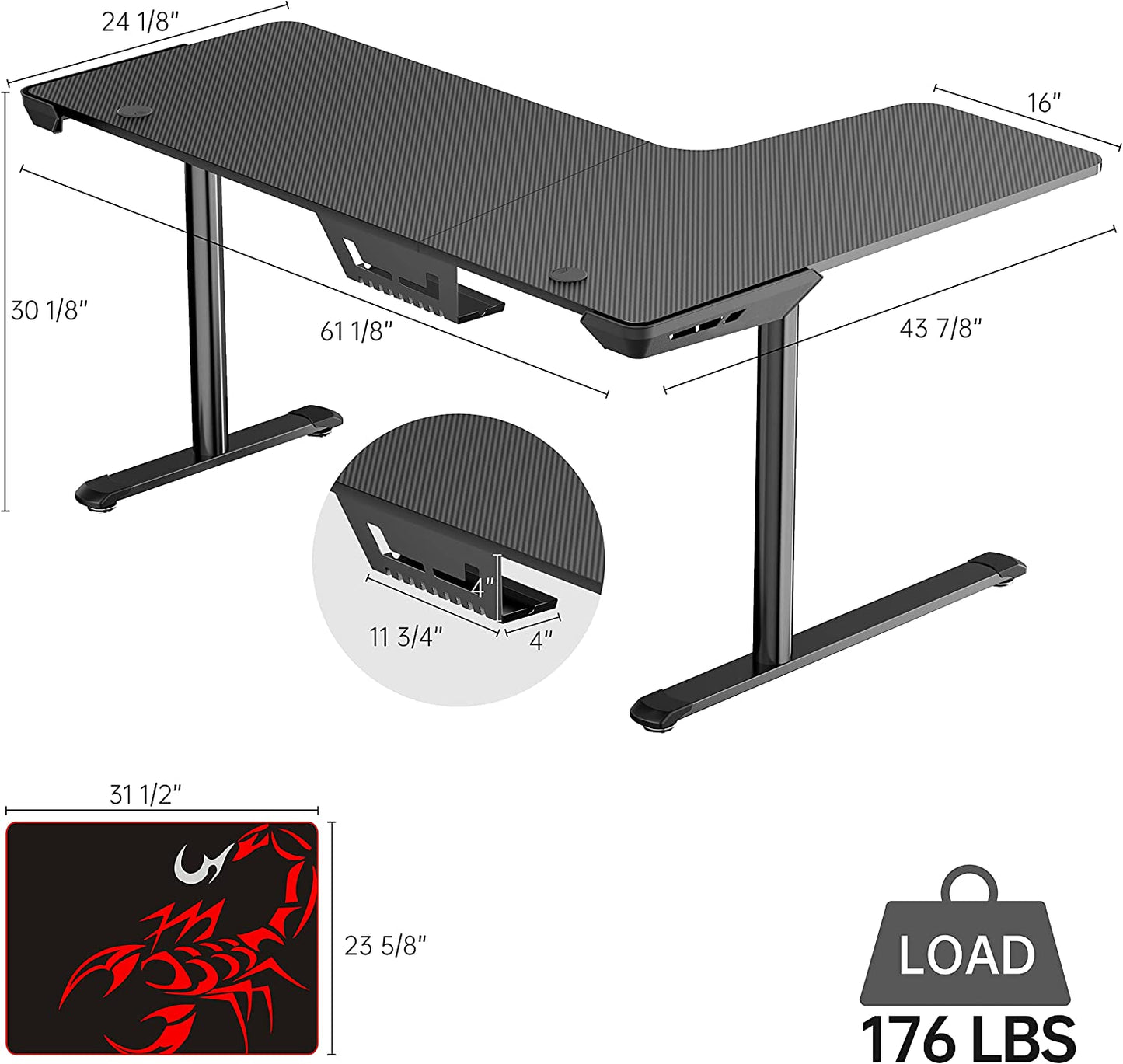 L Shaped Gaming Desk, 60 Inch L60 Home Office Corner PC Computer Gamer Table Large Writing Workstation Gifts W Mouse Pad Cable Management, Space Saving, Easy to Assemble, Left, Black