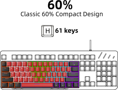 60% Wired Mechanical Keyboard, Mini Gaming Keyboard with 61 Red Switches Keys for PC, Windows XP, Win 7, Win 10 (Black-Red, Red Switches)