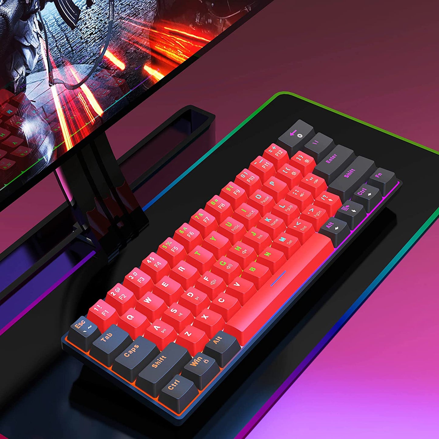 60% Wired Mechanical Keyboard, Mini Gaming Keyboard with 61 Red Switches Keys for PC, Windows XP, Win 7, Win 10 (Black-Red, Red Switches)