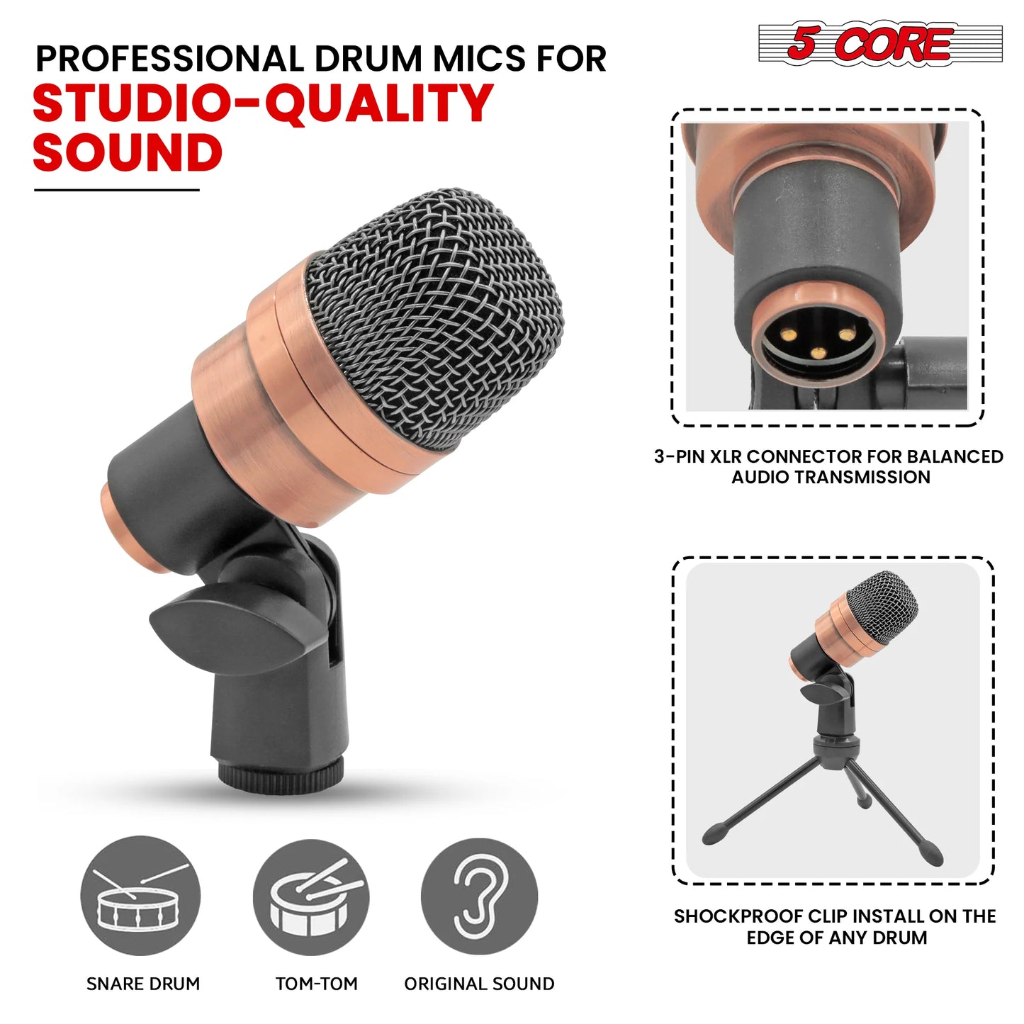 5 Core Snare Microphone • XLR Wired Uni Directional Tom Drum and Other Musical Instrument Mic