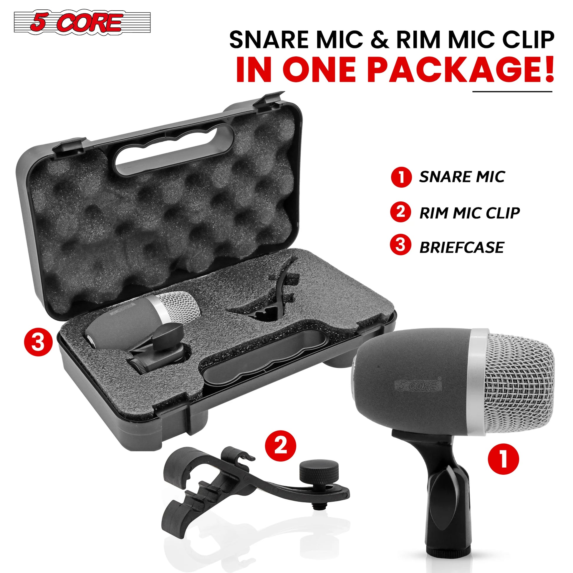 5 Core Snare Microphone • XLR Wired Uni Directional Tom Drum and Other Musical Instrument Mic