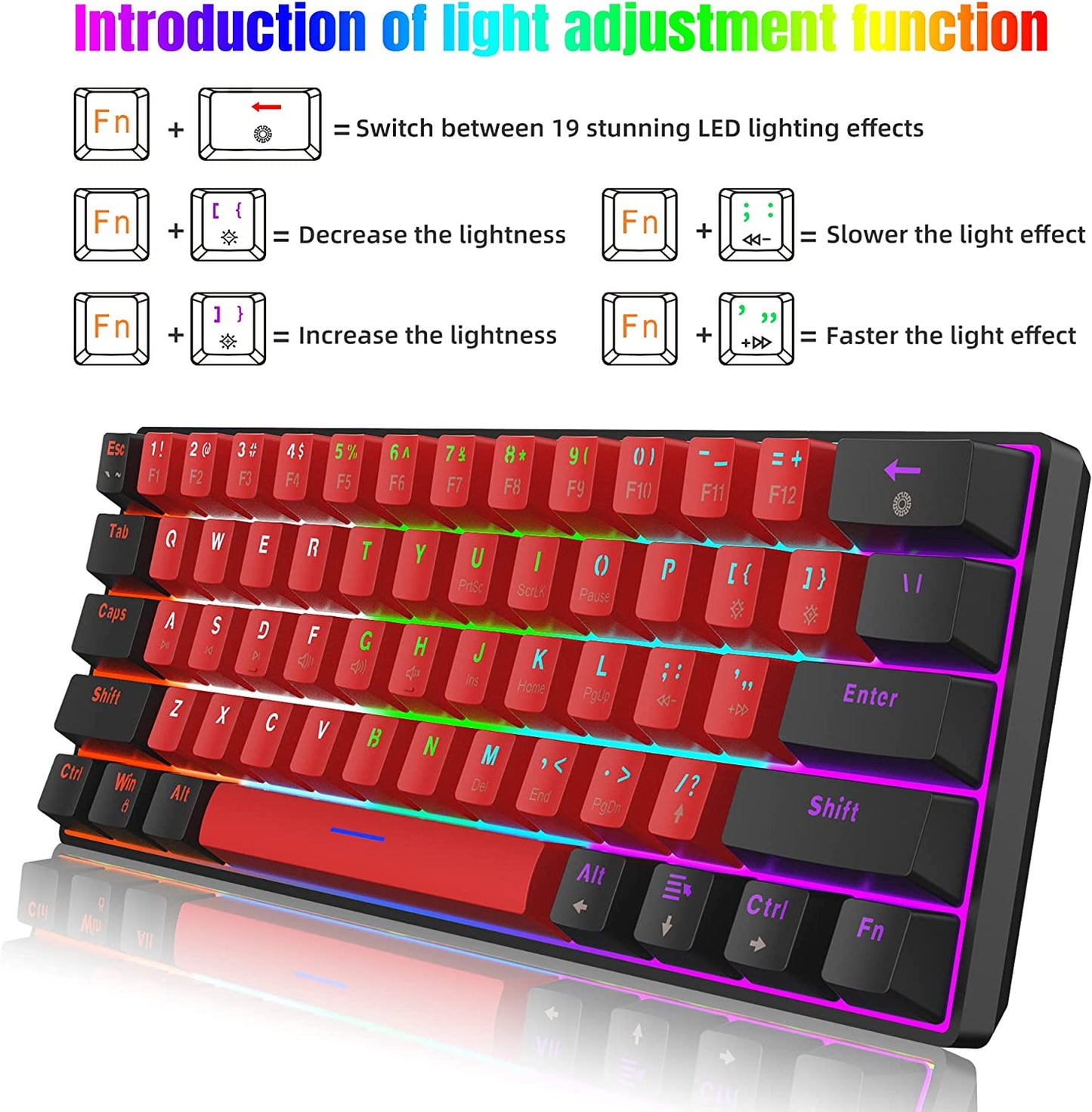 60% Wired Mechanical Keyboard, Mini Gaming Keyboard with 61 Red Switches Keys for PC, Windows XP, Win 7, Win 10 (Black-Red, Red Switches)