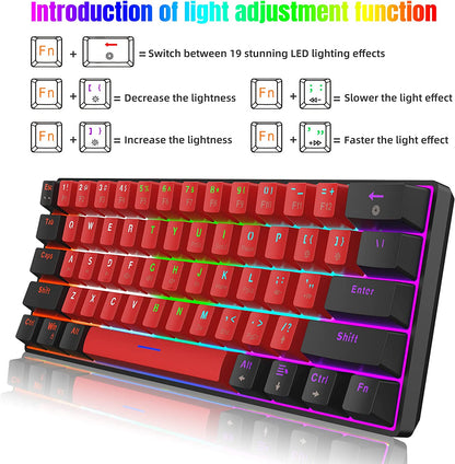 60% Wired Mechanical Keyboard, Mini Gaming Keyboard with 61 Red Switches Keys for PC, Windows XP, Win 7, Win 10 (Black-Red, Red Switches)