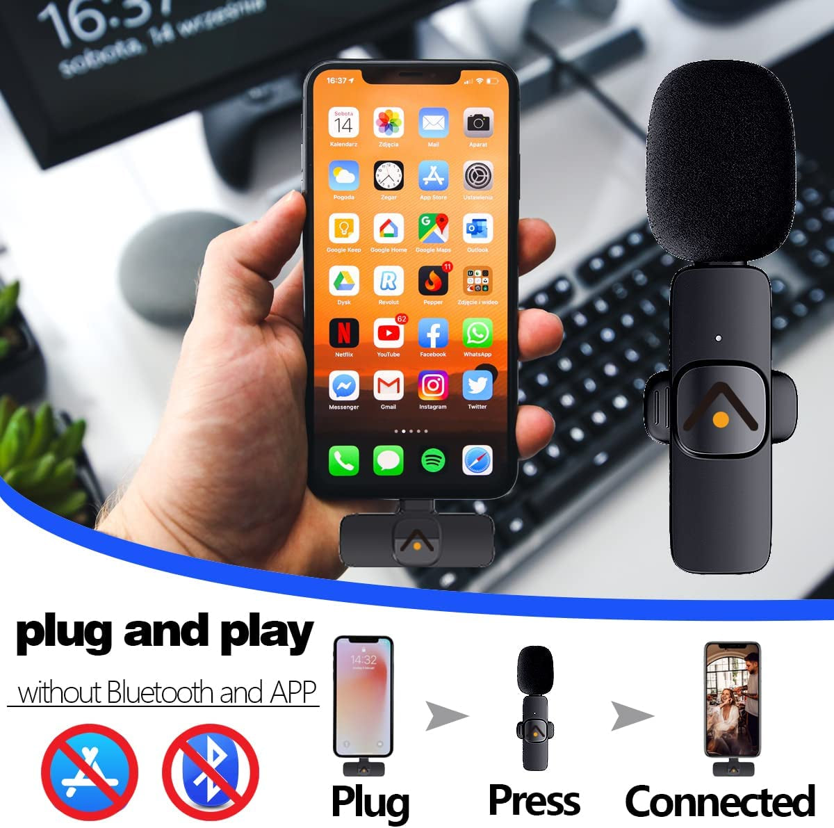 Wireless Lavalier Mini Microphone for Android Type-C,Tiny Rode Podcast Equipment Mic，Black Cordless Omnidirectional Condenser Recording Mic for Interview Video Youtube