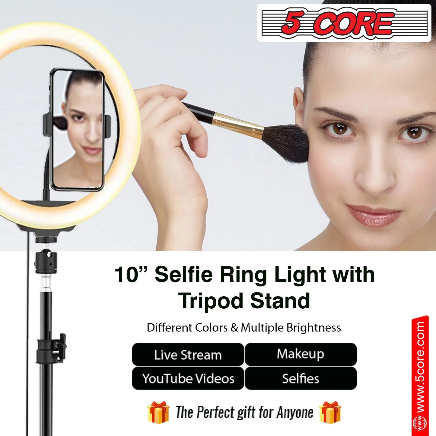 5 Core 10" Selfie Ring Light Stand • with 43" Adjustable Tripod Stand & Phone Holder • 3 Color Mode