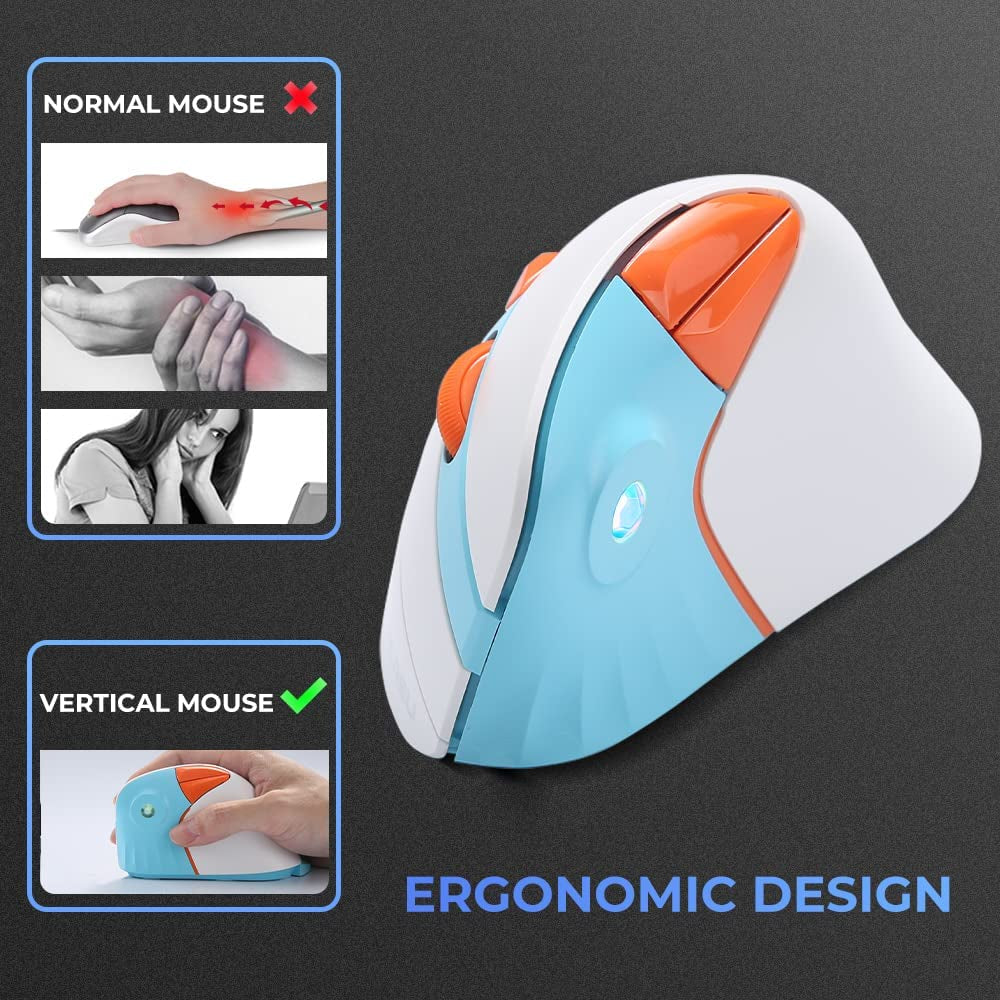 Vertical Wireless Ergonomic 89G Lightweight Optical Mouse, 2.4G RGB Mouse Reduce Wrist/Hand Strain, 800/1200/1600 DPI, 6 Buttons for Laptop, Desktop, PC, Mac (White&Blue)