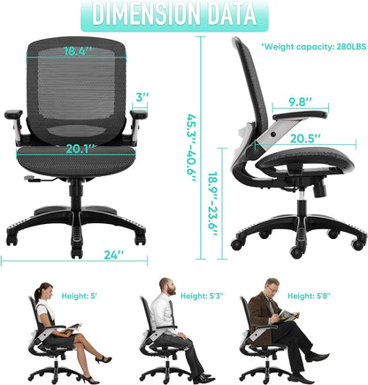 Ergonomic Office Chair, Mesh Desk Chair - Lumbar Support and Adjustable Flip-Up Arms, Soft Wide Seat, 90-120° Tilt, High Back Home Ergonomic Chairs Swivel Task Chair, Easy Assemble