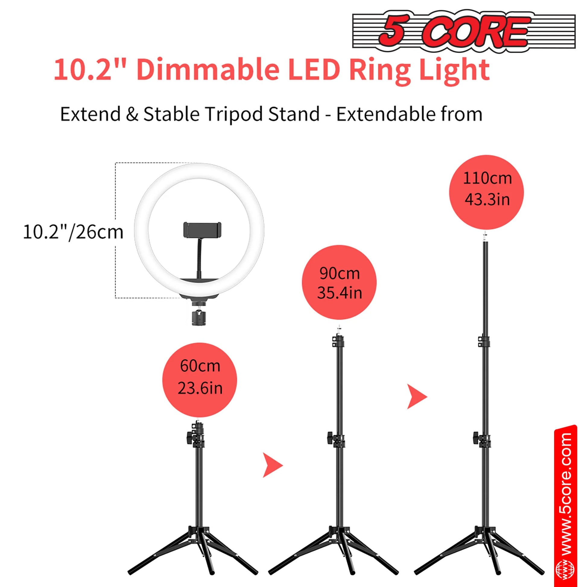 5 Core 10" Selfie Ring Light Stand • with 43" Adjustable Tripod Stand & Phone Holder • 3 Color Mode