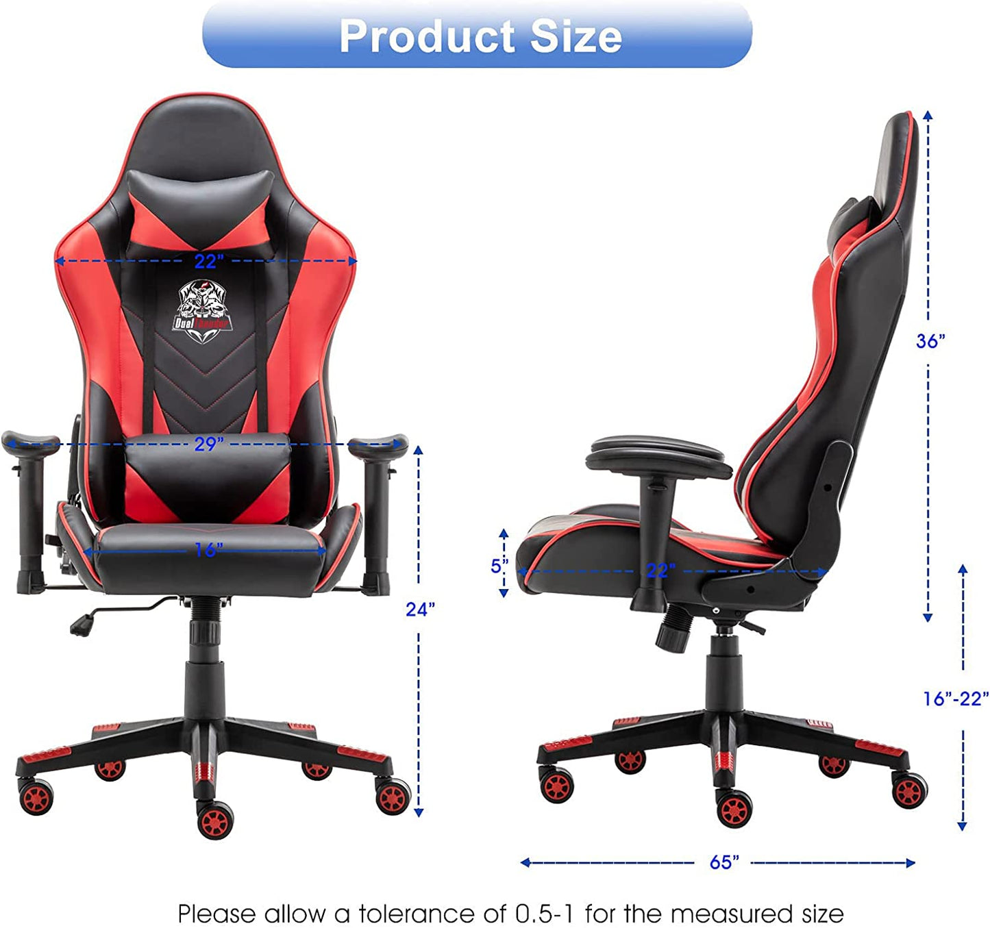 Ergonomic Video Gaming Chair 400 Lb Weight Capacity, Office Computer Chair with Headrest Lumbar Support, Reclining Racing Chair, Game Chair with Adjustable Armrest, Red