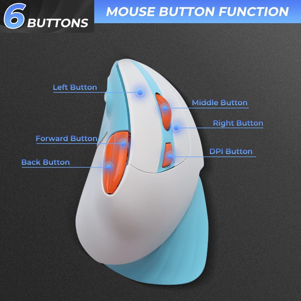 Vertical Wireless Ergonomic 89G Lightweight Optical Mouse, 2.4G RGB Mouse Reduce Wrist/Hand Strain, 800/1200/1600 DPI, 6 Buttons for Laptop, Desktop, PC, Mac (White&Blue)