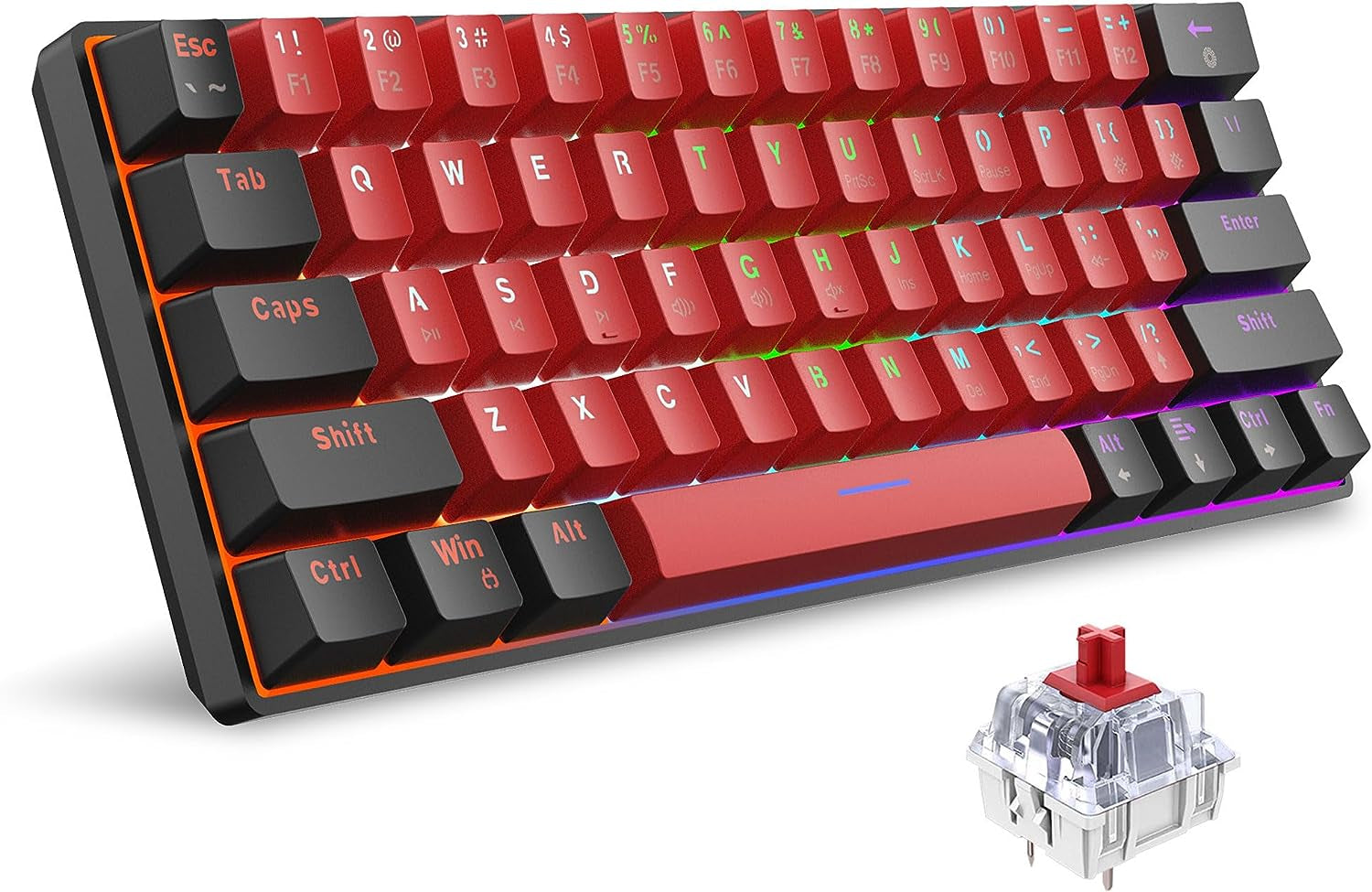 60% Wired Mechanical Keyboard, Mini Gaming Keyboard with 61 Red Switches Keys for PC, Windows XP, Win 7, Win 10 (Black-Red, Red Switches)