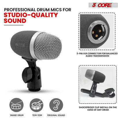 5 Core Snare Microphone • XLR Wired Uni Directional Tom Drum and Other Musical Instrument Mic