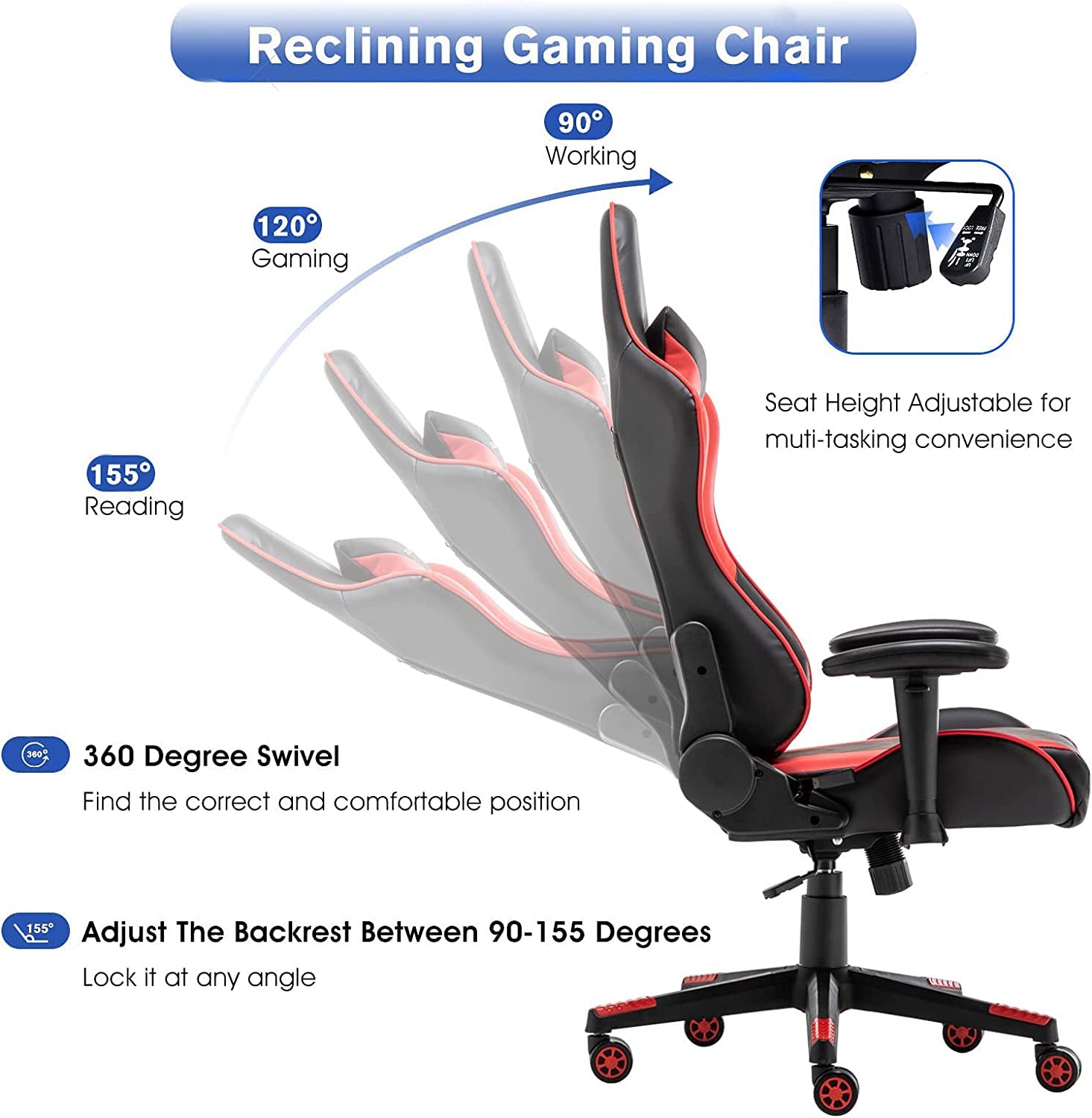 Ergonomic Video Gaming Chair 400 Lb Weight Capacity, Office Computer Chair with Headrest Lumbar Support, Reclining Racing Chair, Game Chair with Adjustable Armrest, Red