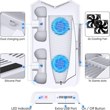 Vertical Stand for PS5 Digital Edition/Ultra HD with Dual Controller Charging Station & Suction Cooling Fan & 14 Retractable Game Slots, for PS5 Gaming Accessories for PS5 Console