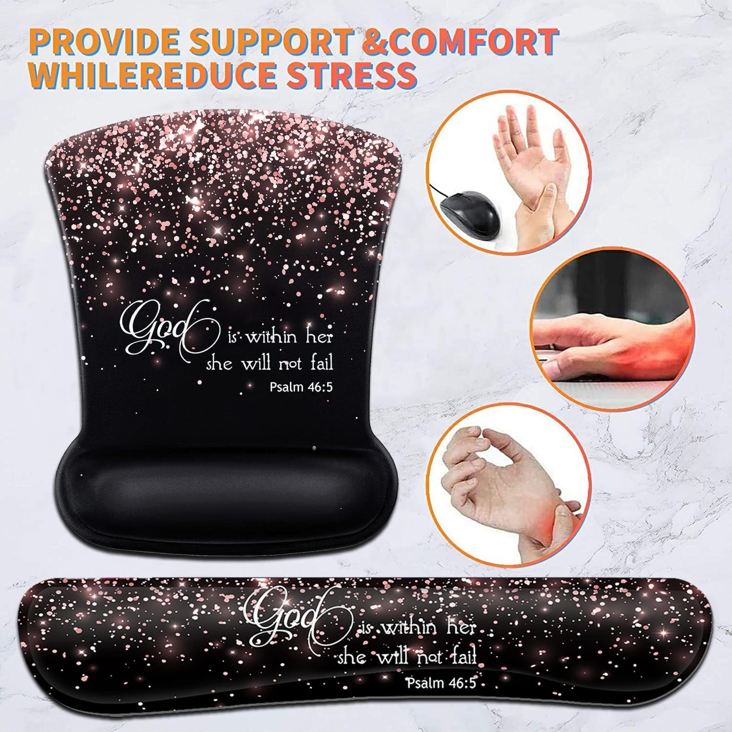 Keyboard Wrist Rest Pad and Ergonomic Mouse Pad Wrist Support Set Psalm 46:5 God Is within Her,She Will Not Fall Rose Gold Black for Gaming,Office,Comfortable and Pain Relief with Coaster Set