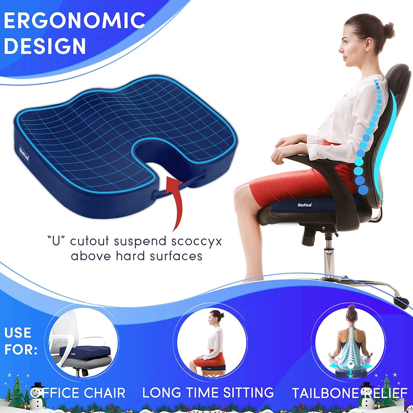 Gel Seat Cushion for Long Sitting, Seat Cushion Pillow for Office Chair, Memory Foam Tailbone Pain Relief Cushion, Gel Butt Pressure Relief, Coccyx Sciatica Seat Cushion Pad