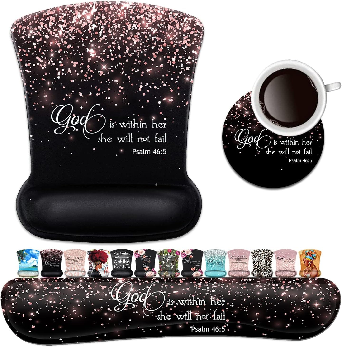 Keyboard Wrist Rest Pad and Ergonomic Mouse Pad Wrist Support Set Psalm 46:5 God Is within Her,She Will Not Fall Rose Gold Black for Gaming,Office,Comfortable and Pain Relief with Coaster Set