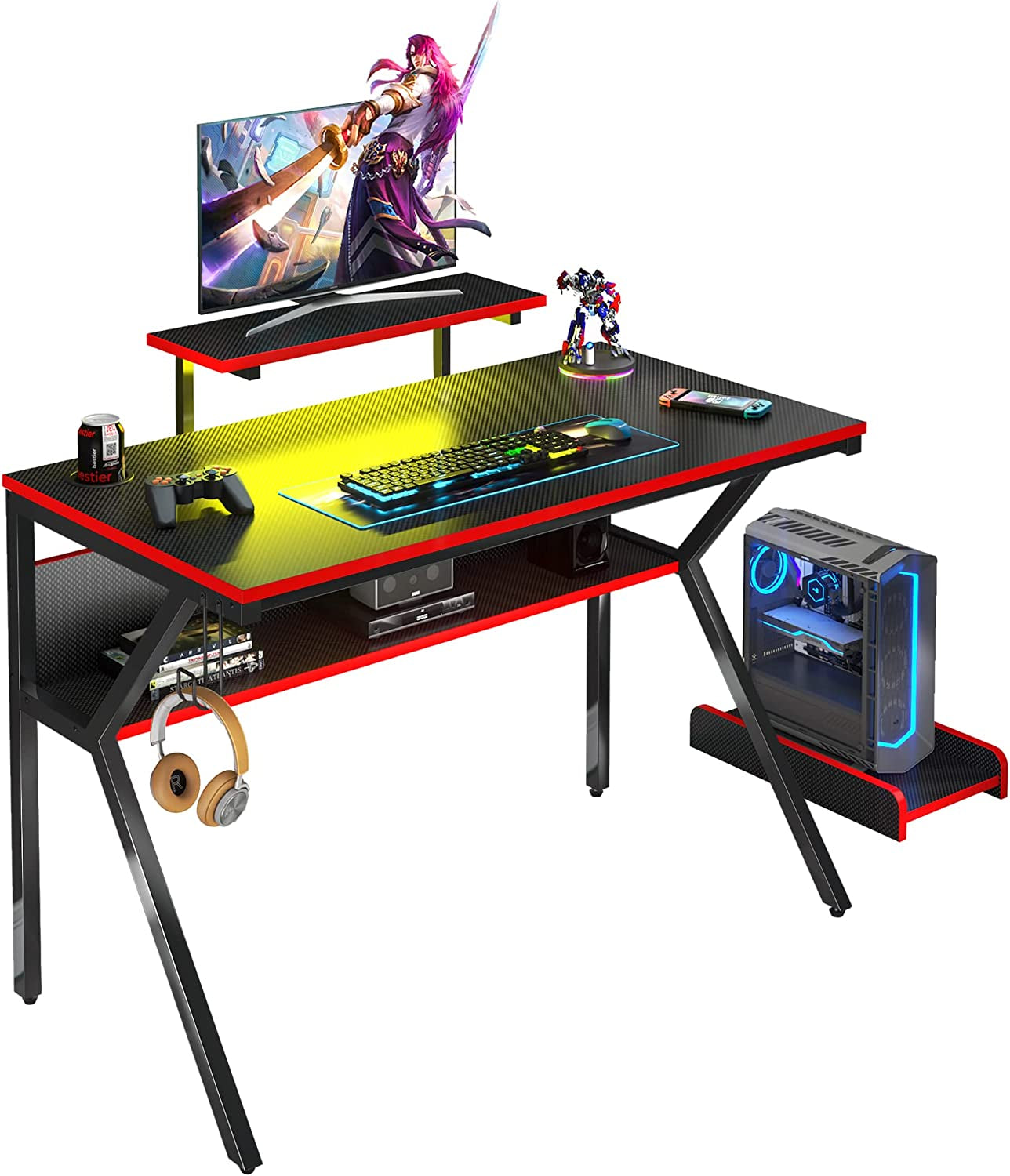 44" K-Shaped Gaming Desk with Led Light CPU Stand Carbon Fiber RGB Computer Desk with Bookshelf Student PC Writing Study Table for Home Office Sturdy, Black/Red