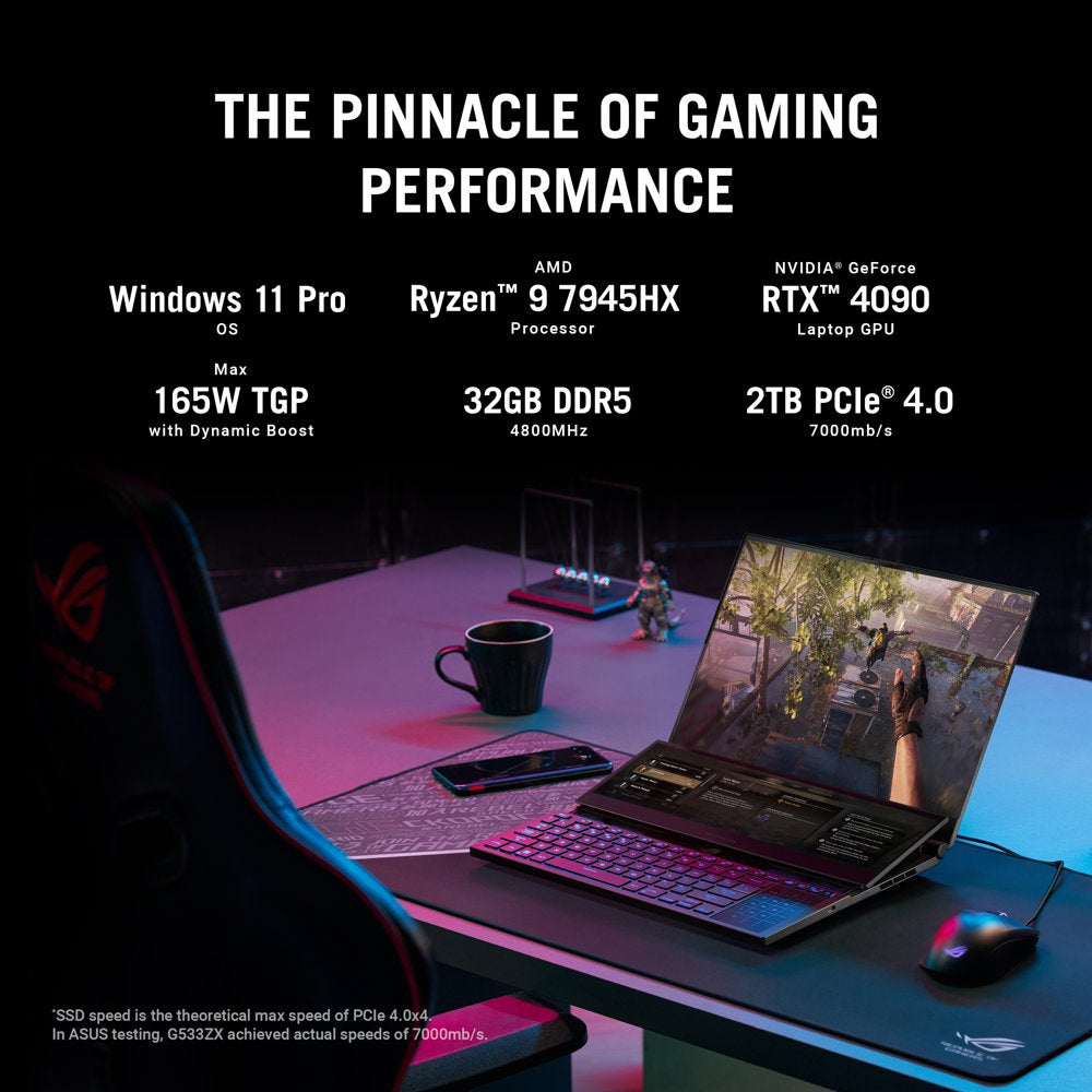 ROG Zephyrus Duo 16 Gaming Laptop, 16” Mini LED 240Hz/3Ms, QHD 16:10, NVIDIA Geforce RTX 4090, AMD Ryzen 9 7945HX, 32GB DDR5, 2TB SSD, Windows 11 Pro, GX650PY-XS97