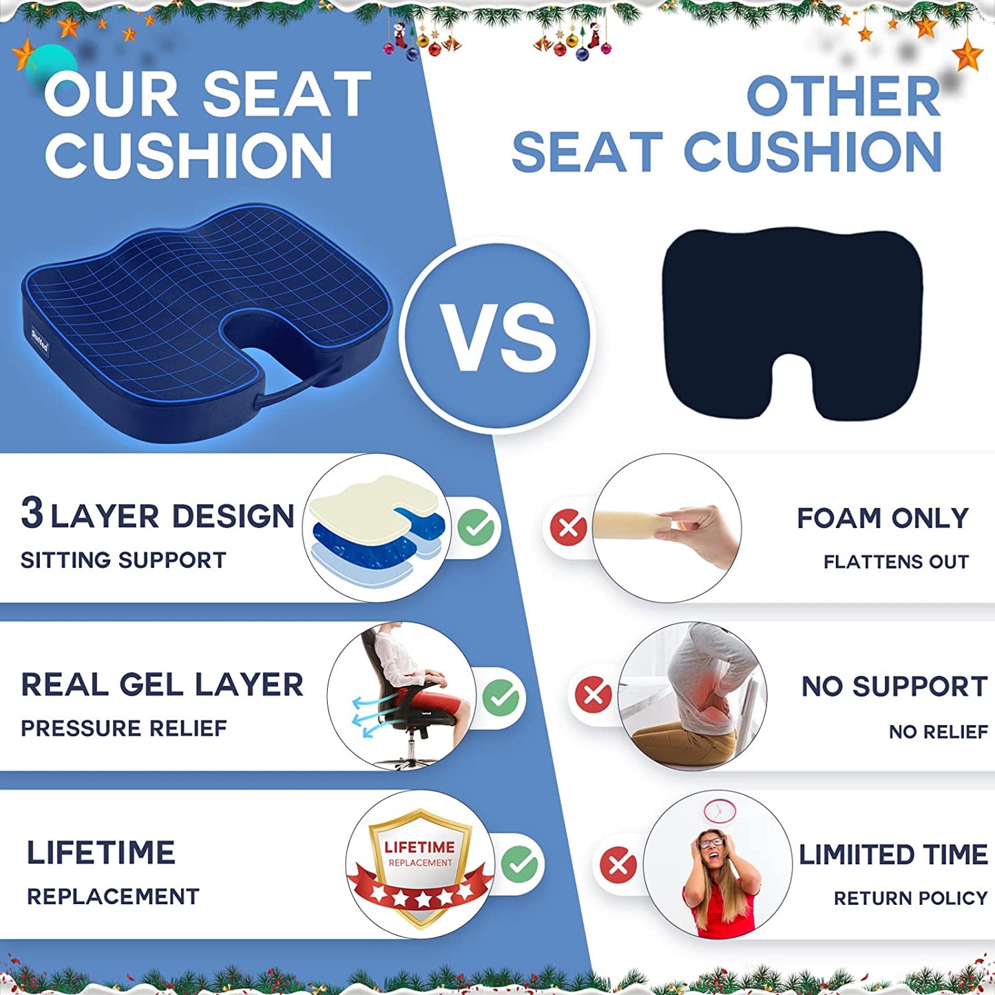 Gel Seat Cushion for Long Sitting, Seat Cushion Pillow for Office Chair, Memory Foam Tailbone Pain Relief Cushion, Gel Butt Pressure Relief, Coccyx Sciatica Seat Cushion Pad