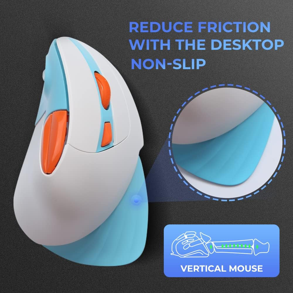 Vertical Wireless Ergonomic 89G Lightweight Optical Mouse, 2.4G RGB Mouse Reduce Wrist/Hand Strain, 800/1200/1600 DPI, 6 Buttons for Laptop, Desktop, PC, Mac (White&Blue)