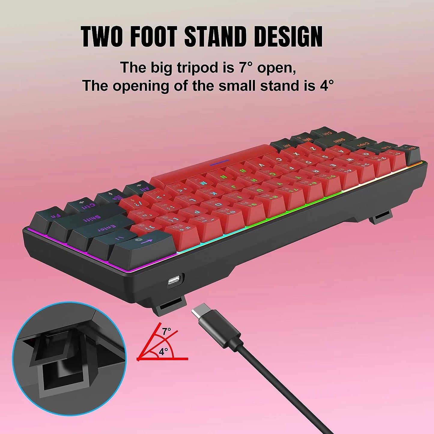 60% Wired Mechanical Keyboard, Mini Gaming Keyboard with 61 Red Switches Keys for PC, Windows XP, Win 7, Win 10 (Black-Red, Red Switches)