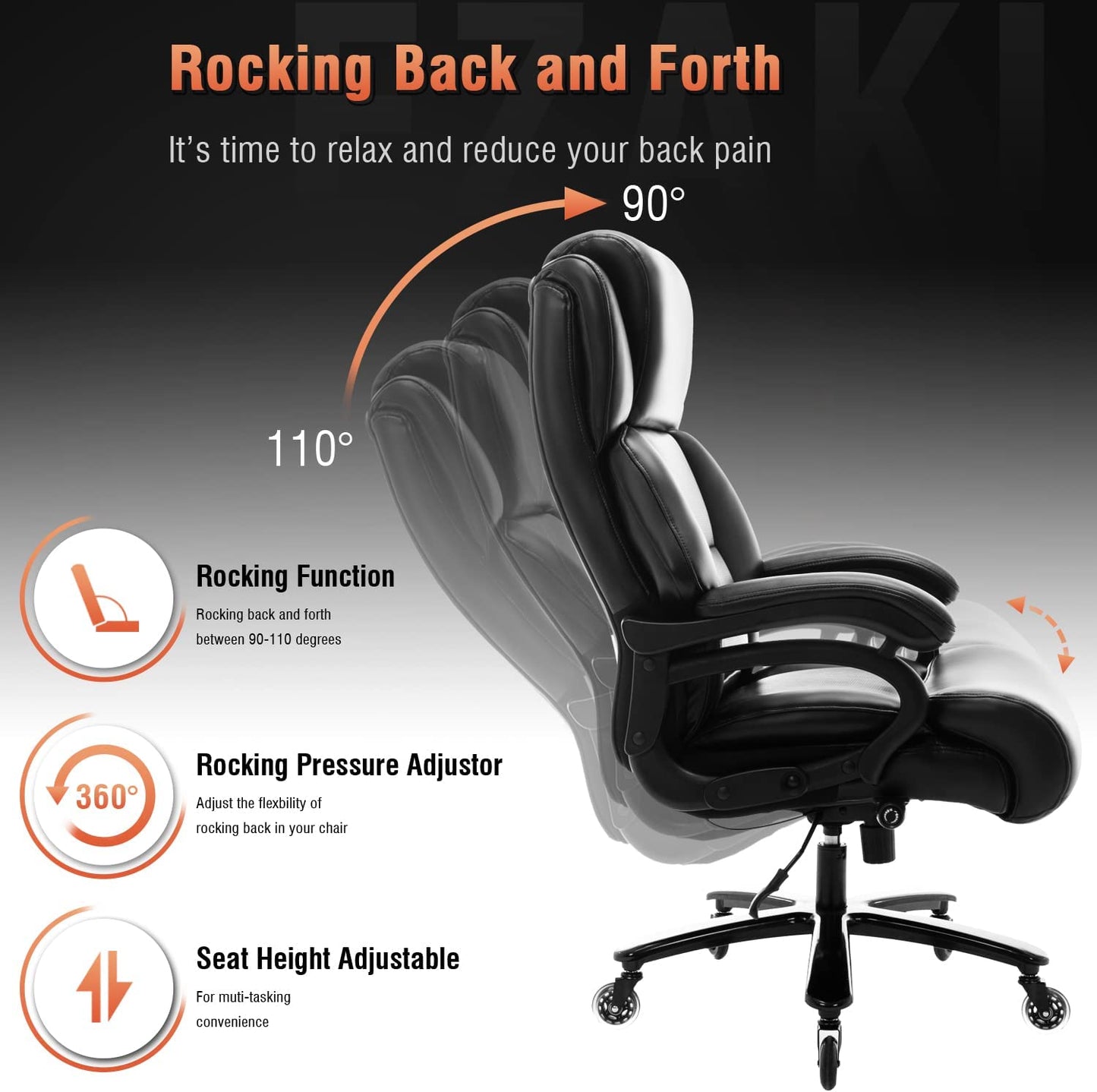 Big and Tall 400Lbs Office Chair- Adjustable Lumbar Support Heavy Duty Metal Base Quiet Rubber Wheels High Back Large Executive Computer Desk Chair, Ergonomic Design for Back Pain, Black