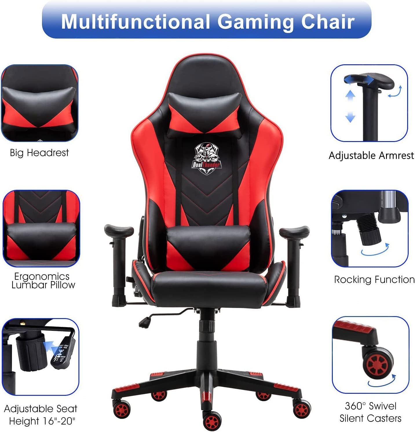 Ergonomic Video Gaming Chair 400 Lb Weight Capacity, Office Computer Chair with Headrest Lumbar Support, Reclining Racing Chair, Game Chair with Adjustable Armrest, Red