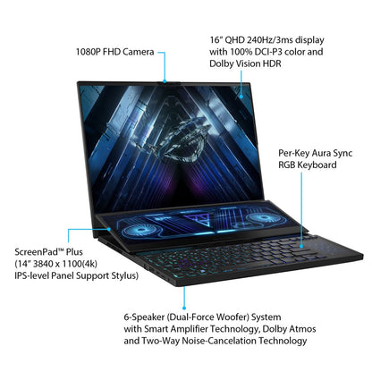 ROG Zephyrus Duo 16 Gaming Laptop, 16” Mini LED 240Hz/3Ms, QHD 16:10, NVIDIA Geforce RTX 4090, AMD Ryzen 9 7945HX, 32GB DDR5, 2TB SSD, Windows 11 Pro, GX650PY-XS97