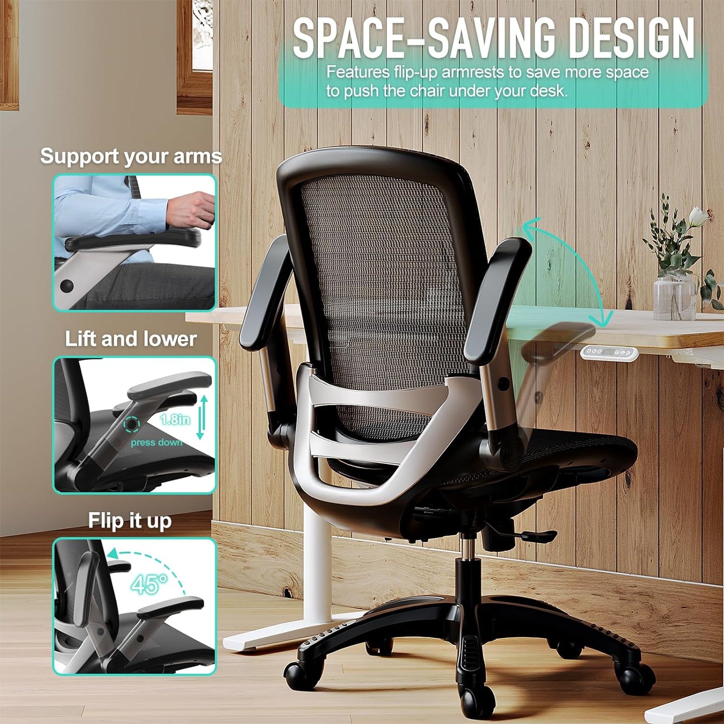 Ergonomic Office Chair, Mesh Desk Chair - Lumbar Support and Adjustable Flip-Up Arms, Soft Wide Seat, 90-120° Tilt, High Back Home Ergonomic Chairs Swivel Task Chair, Easy Assemble