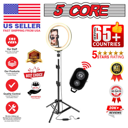 5 Core 10" Selfie Ring Light Stand • with 43" Adjustable Tripod Stand & Phone Holder • 3 Color Mode