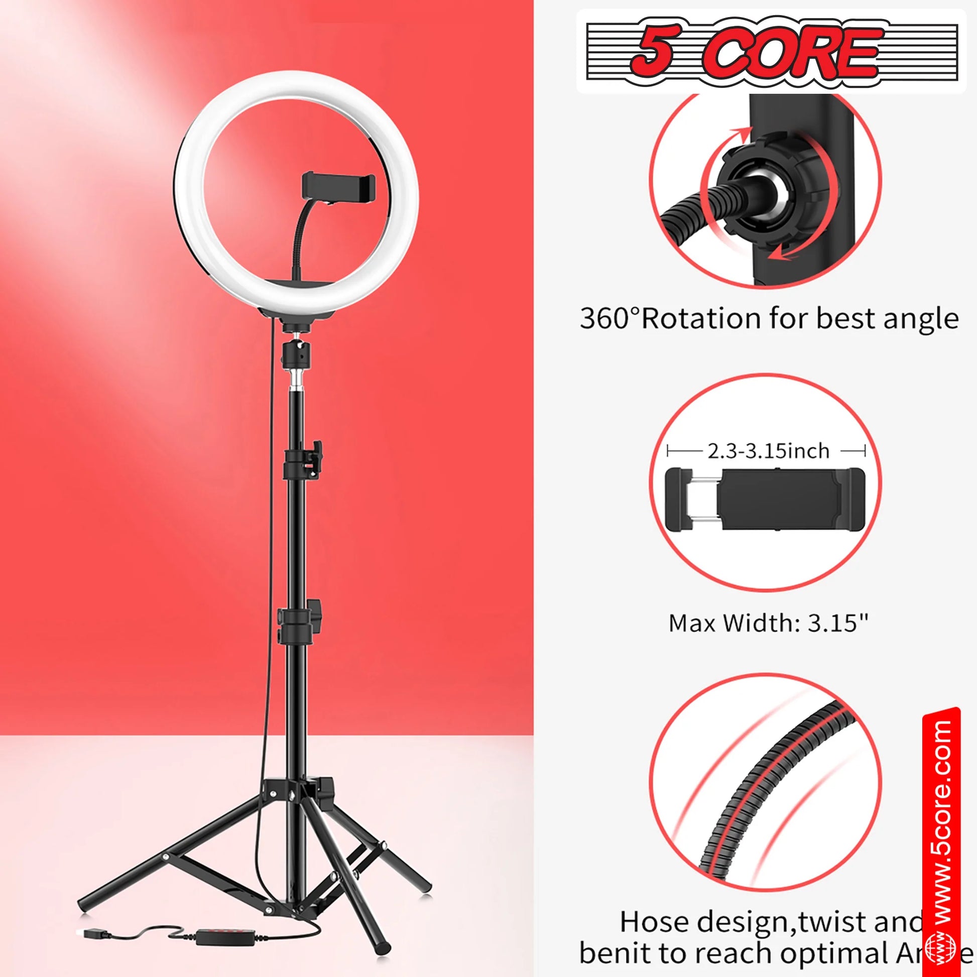 5 Core 10" Selfie Ring Light Stand • with 43" Adjustable Tripod Stand & Phone Holder • 3 Color Mode