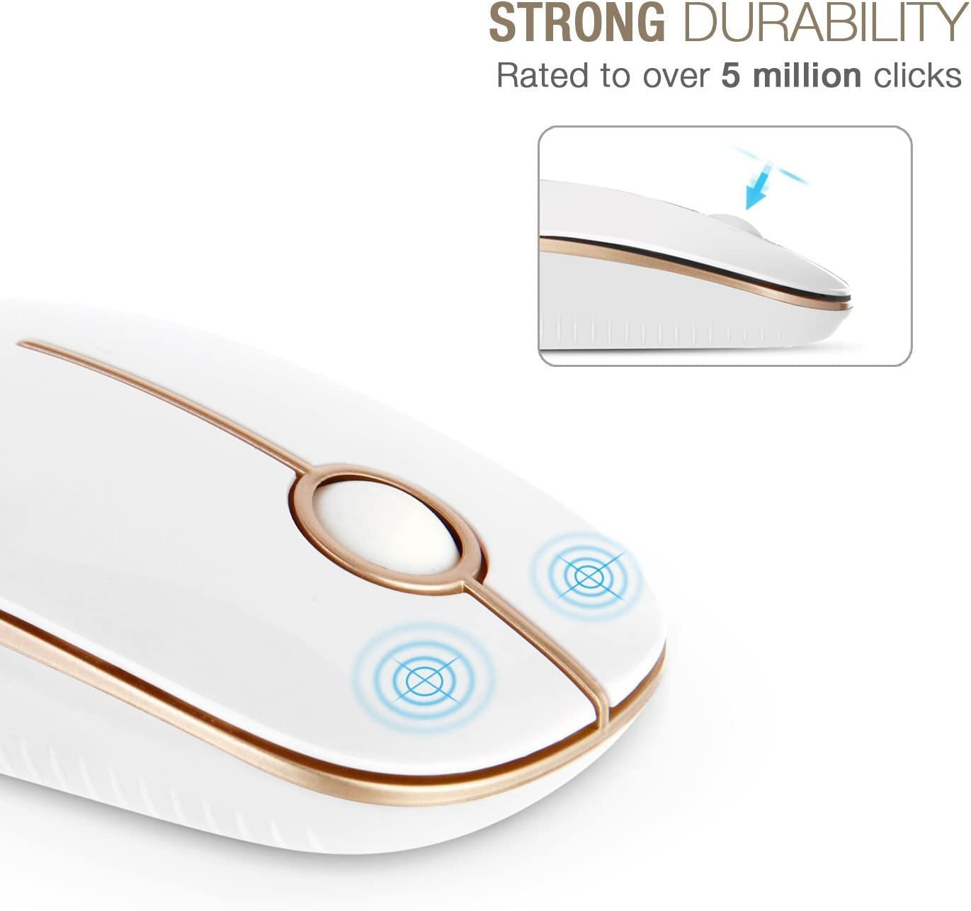 Wireless Mouse, 2.4G Slim Portable Computer Mice with Nano Receiver for Notebook, PC, Laptop, Computer (White and Gold)