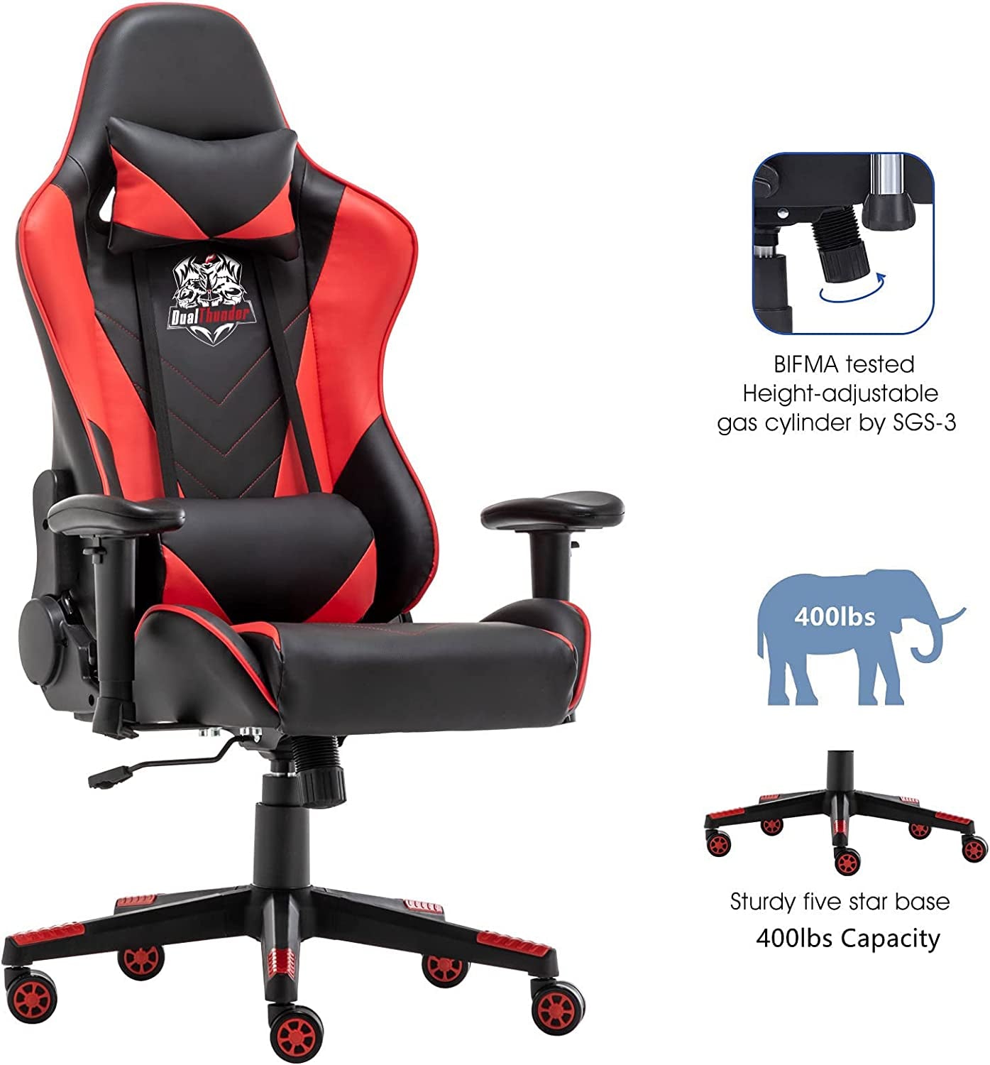 Ergonomic Video Gaming Chair 400 Lb Weight Capacity, Office Computer Chair with Headrest Lumbar Support, Reclining Racing Chair, Game Chair with Adjustable Armrest, Red