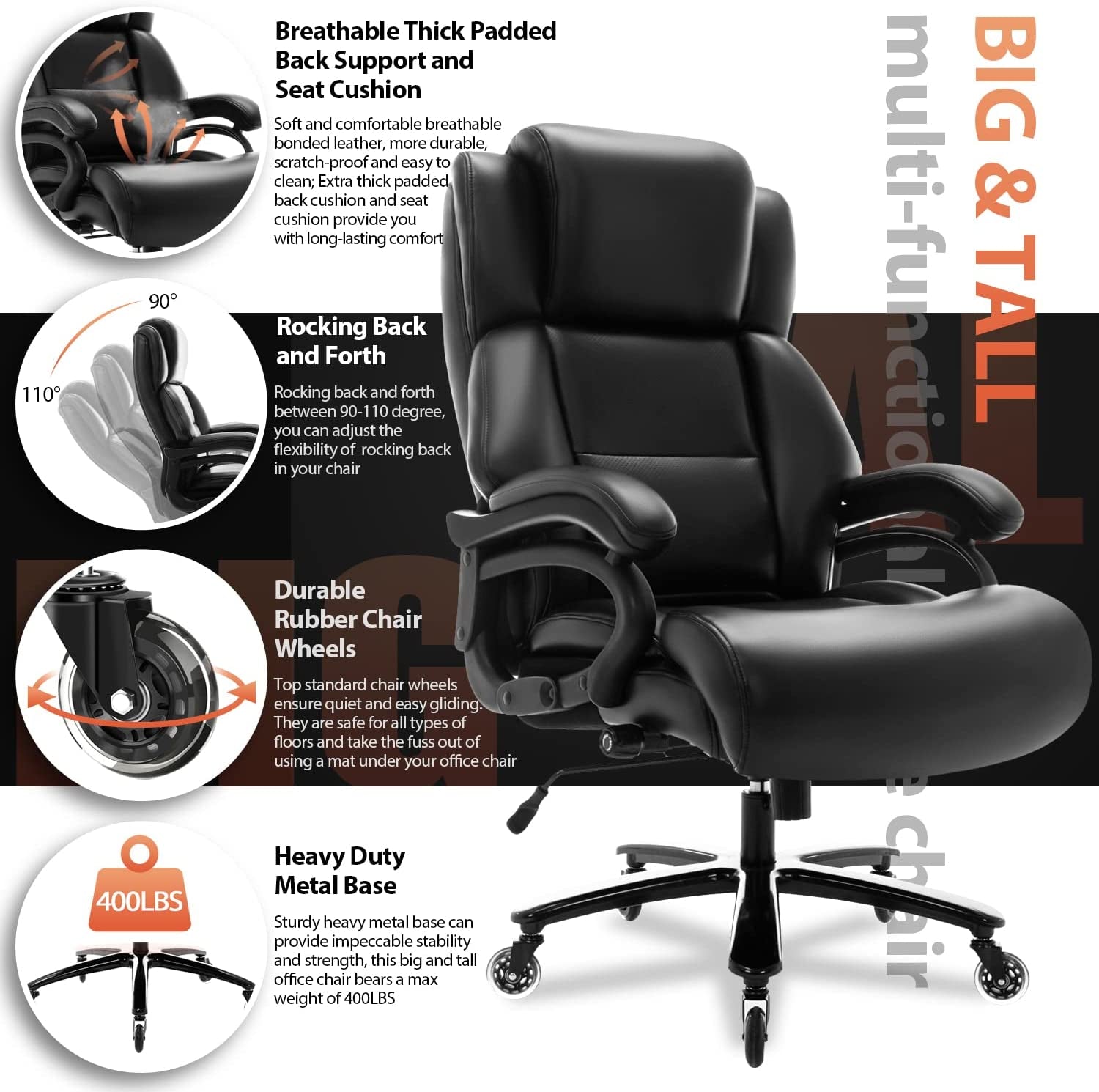 Big and Tall 400Lbs Office Chair- Adjustable Lumbar Support Heavy Duty Metal Base Quiet Rubber Wheels High Back Large Executive Computer Desk Chair, Ergonomic Design for Back Pain, Black