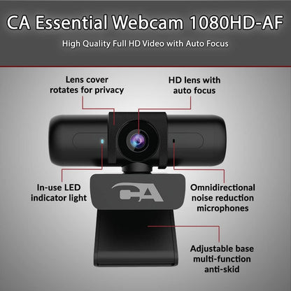 CA Essential Webcam 1080HD-AF – USB Webcam with Microphone for Desktop or Notebooks, 1080P Webcam, HD Auto-Focus and Light Correction, Omni-Directional Microphone (WC-2000)