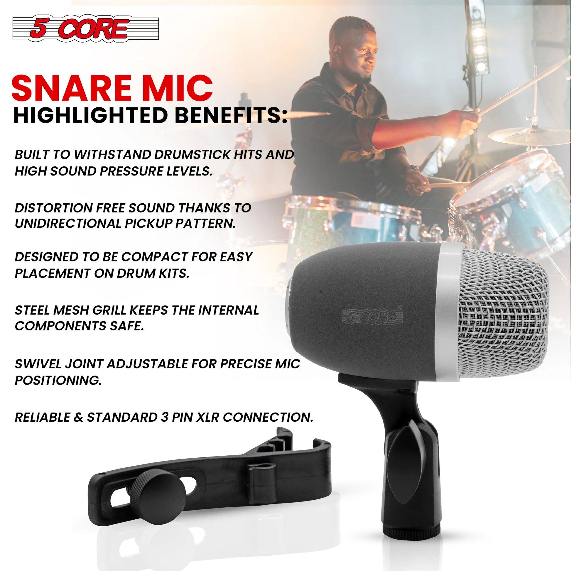 5 Core Snare Microphone • XLR Wired Uni Directional Tom Drum and Other Musical Instrument Mic