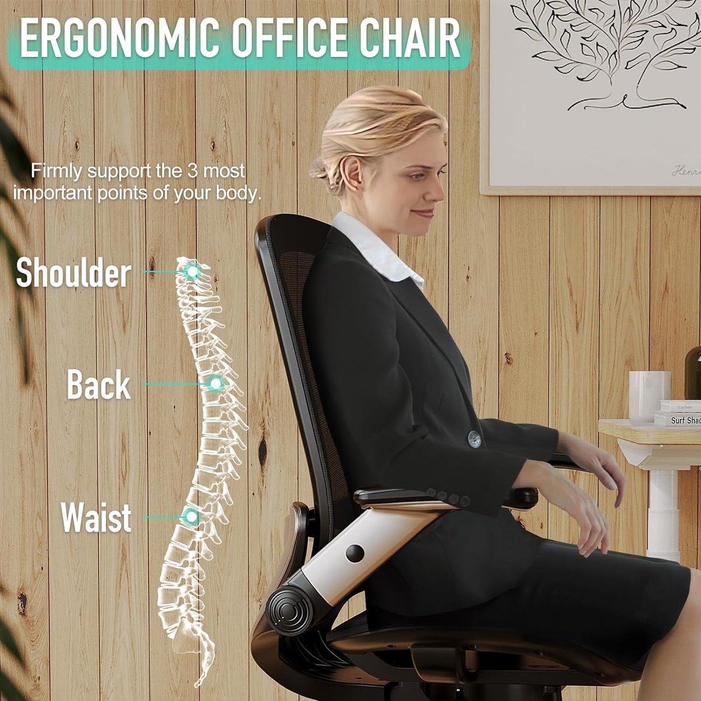 Ergonomic Office Chair, Mesh Desk Chair - Lumbar Support and Adjustable Flip-Up Arms, Soft Wide Seat, 90-120° Tilt, High Back Home Ergonomic Chairs Swivel Task Chair, Easy Assemble