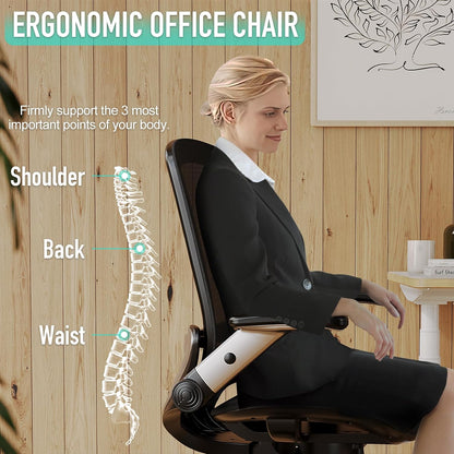 Ergonomic Office Chair, Mesh Desk Chair - Lumbar Support and Adjustable Flip-Up Arms, Soft Wide Seat, 90-120° Tilt, High Back Home Ergonomic Chairs Swivel Task Chair, Easy Assemble