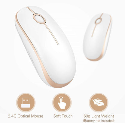 Wireless Mouse, 2.4G Slim Portable Computer Mice with Nano Receiver for Notebook, PC, Laptop, Computer (White and Gold)