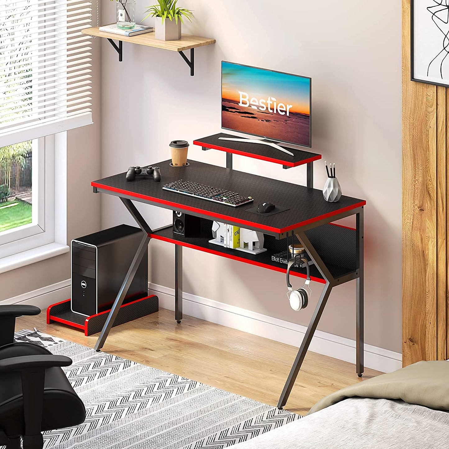 44" K-Shaped Gaming Desk with Led Light CPU Stand Carbon Fiber RGB Computer Desk with Bookshelf Student PC Writing Study Table for Home Office Sturdy, Black/Red